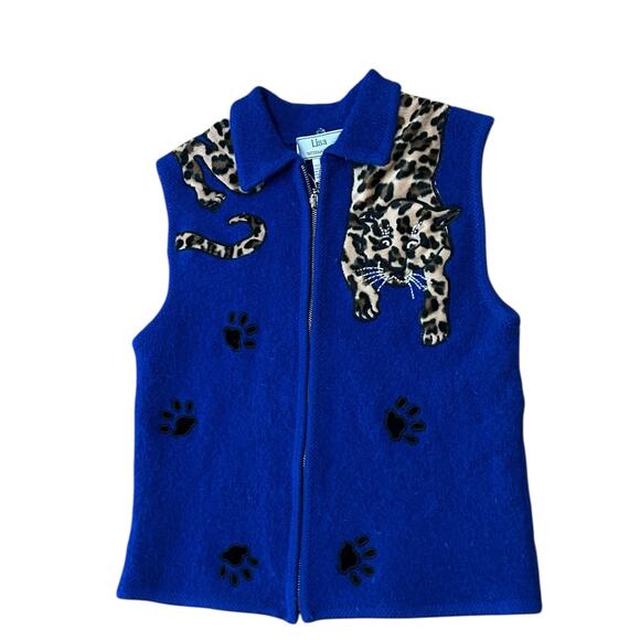 Vintage Blue Wool Leopard  Zip up Sweater Vest / Women’s Small - - Picture 1 of 5